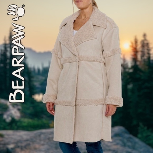 BEARPAW Mixed-Media Long Sherpa Coat/Jacket in Tan NWT/Size SM - Picture 1 of 15